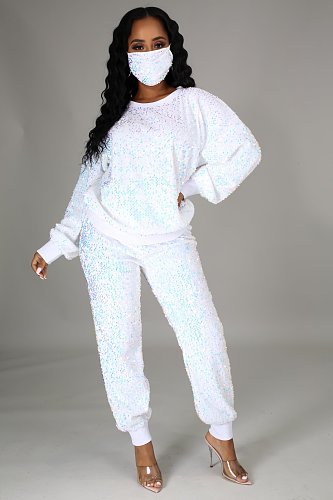 Fashion Sequined Women Tops And Long Pants Large Size Suits (with Facemask) BER-7077