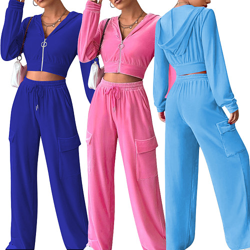 Women Zipper Hoodies And Long Pants Velvet Casual 2 Piece Suits YD-8787