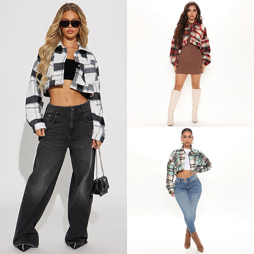 Stylish Women Plaid Flannel Button-down Expose Waist Jacket WDS-230994