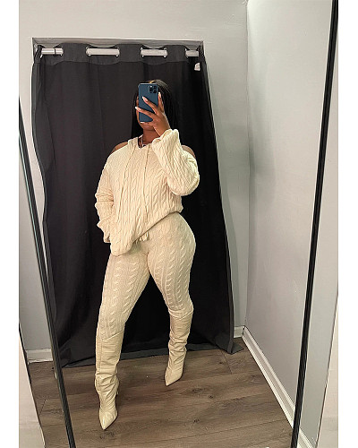 Solid Knit Sweater Hoodied Slim Fit Two Pieces Set XT-8217