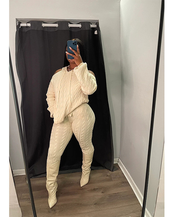 Solid Knit Sweater Hoodied Slim Fit Two Pieces Set XT-8217
