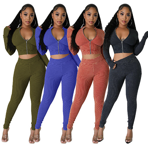 Women Zipper Front Crop Top With Bodycon Jumpsuit YF-10659