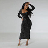 Women Square Collar Long Sleeves Split Maxi Dresses YF-10647