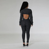 Women U-neck Straps Long Sleeves Bodycon Jumpsuits Sets YF-10648