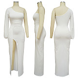 Single Shoulder Lantern Sleeve High Slit Elegant Dress YF-10269