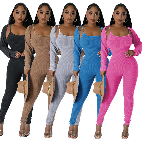Women U-neck Straps Long Sleeves Bodycon Jumpsuits Sets YF-10648
