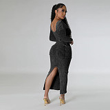 Women Square Collar Long Sleeves Split Maxi Dresses YF-10647