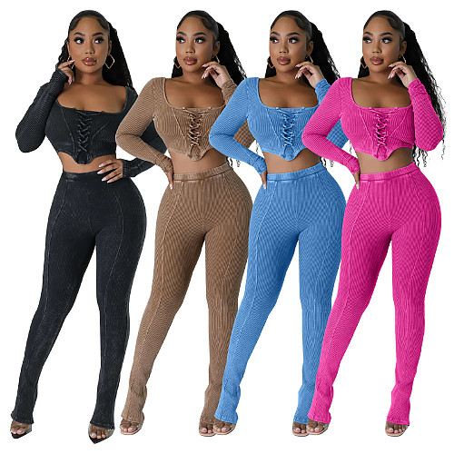 Sexy Women Square Collar Crop Top With Pencil Pants 2 Piece Sets YF-10649