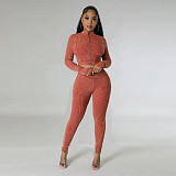 Women Zipper Front Crop Top With Bodycon Jumpsuit YF-10659