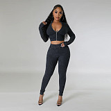 Women Zipper Front Crop Top With Bodycon Jumpsuit YF-10659