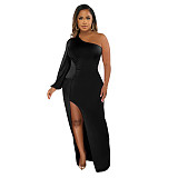 Single Shoulder Lantern Sleeve High Slit Elegant Dress YF-10269