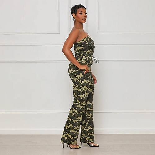 Women Sexy Strapless Camouflage Zipper Long Jumpsuit WDS-230995