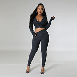 Women Zipper Front Crop Top With Bodycon Jumpsuit YF-10659