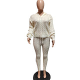 Solid Knit Sweater Hoodied Slim Fit Two Pieces Set XT-8217
