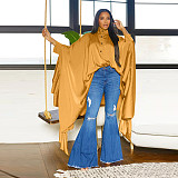 Fall Winter Women Pleated Long Solid Color Cape Shirt YF-10623
