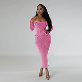 Women Square Collar Long Sleeves Split Maxi Dresses YF-10647