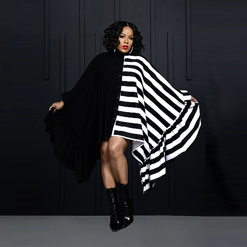 Women Striped Bat Sleeves Buttons Irregular Dress YF-10638