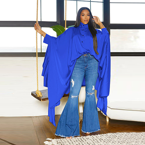 Fall Winter Women Pleated Long Solid Color Cape Shirt YF-10623