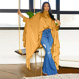 Fall Winter Women Pleated Long Solid Color Cape Shirt YF-10623