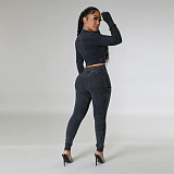 Women Zipper Front Crop Top With Bodycon Jumpsuit YF-10659