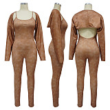 Women U-neck Straps Long Sleeves Bodycon Jumpsuits Sets YF-10648