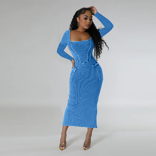 Women Square Collar Long Sleeves Split Maxi Dresses YF-10647