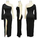 Single Shoulder Lantern Sleeve High Slit Elegant Dress YF-10269