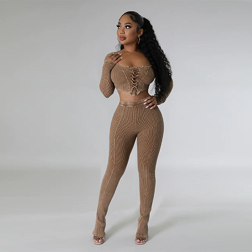 Sexy Women Square Collar Crop Top With Pencil Pants 2 Piece Sets YF-10649