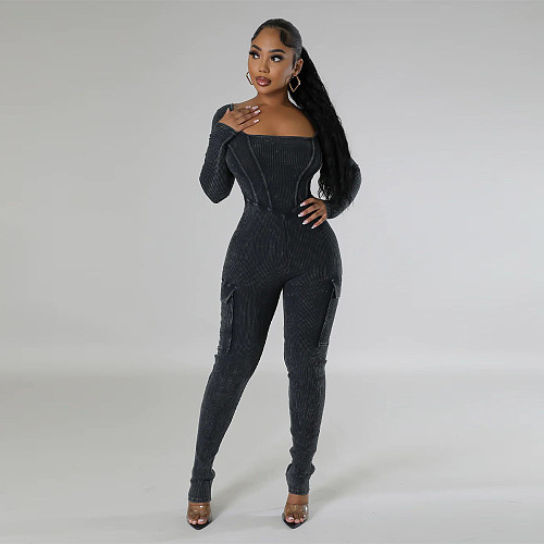 Women Square Collar Long Sleeves Pockets Bodycon Jumpsuit YF-10661