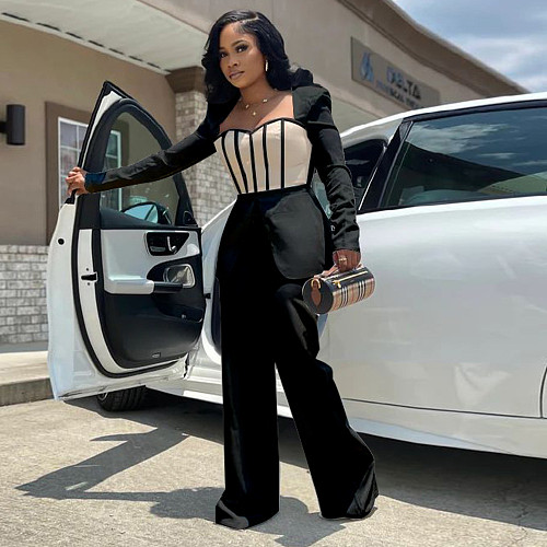 Women Patchwork Long Sleeves Wide-leg Jumpsuits YF-10590