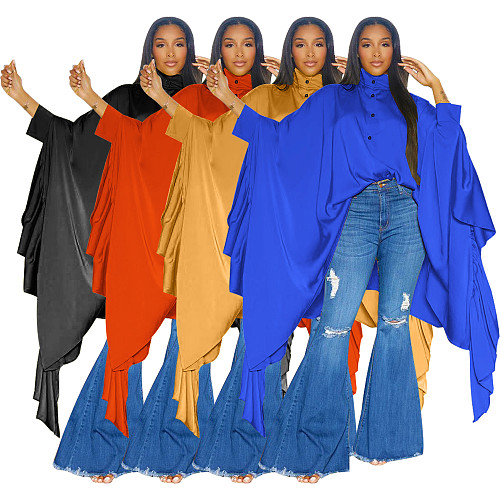 Fall Winter Women Pleated Long Solid Color Cape Shirt YF-10623