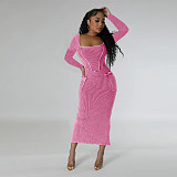 Women Square Collar Long Sleeves Split Maxi Dresses YF-10647