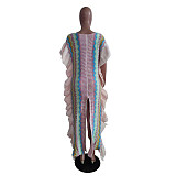 Trendy Stripes Knitted Flounced Splits Long Dresses TR-1273