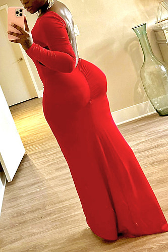 Ladies Long Sleeves Sexy Backless Splits Red Long Club Dresses YH-5302