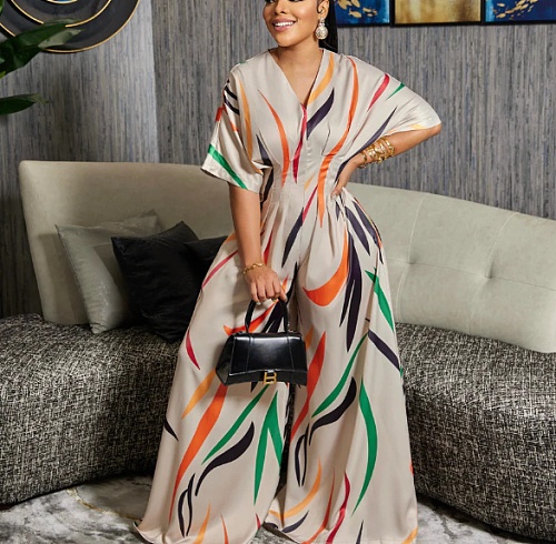 Fashion Print Women V-neck Wide-leg Jumpsuits OSD-6966