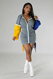 Women Patchwork Long Sleeves Zipper Front Casual Mini Dress YH-5303