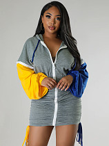 Women Patchwork Long Sleeves Zipper Front Casual Mini Dress YH-5303