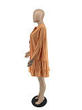 Women Lotus Sleeve Buttons Loose Casual Mini Dress YH-5301