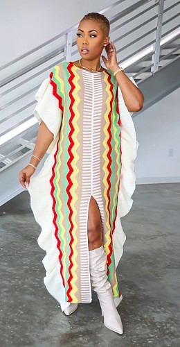 Trendy Stripes Knitted Flounced Splits Long Dresses TR-1273