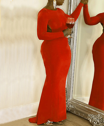 Ladies Long Sleeves Sexy Backless Splits Red Long Club Dresses YH-5302