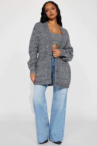 Leisure Women's Pocket Sweater Cardigan Dark Gray Coat YH-5321
