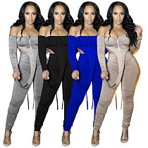 Sexy Strapless Women Plicated Long Sleeve Two Pieces Set YF-9815