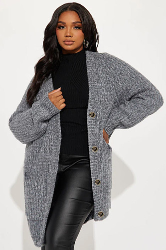 Leisure Women's Pocket Sweater Cardigan Dark Gray Coat YH-5321
