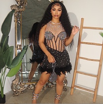 Sexy Mesh Patchwork Hot Drilling Feather Mini Dress OSD-6960