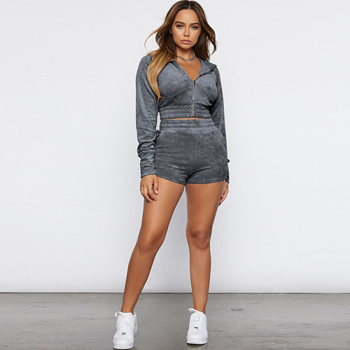 Sporty 2 Pieces Suits Women Crop Hoodies And Bodycon Shorts YF-1100