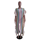 Trendy Stripes Knitted Flounced Splits Long Dresses TR-1273