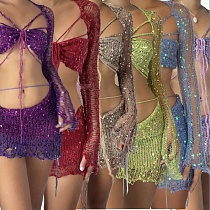 Y2K Sexy Sequin Knitting Sweater 3 Piece Skirt Sets CN-0214