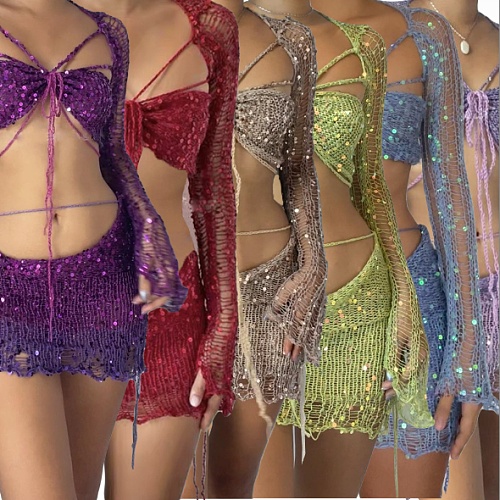 Y2K Sexy Sequin Knitting Sweater 3 Piece Skirt Sets CN-0214