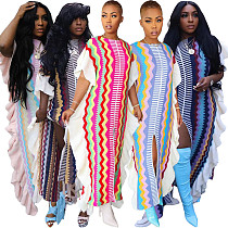 Trendy Stripes Knitted Flounced Splits Long Dresses TR-1273
