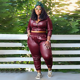 Stylish Solid Color PU-leather Women Large Size 2 Pieces Suits NNWY-7959